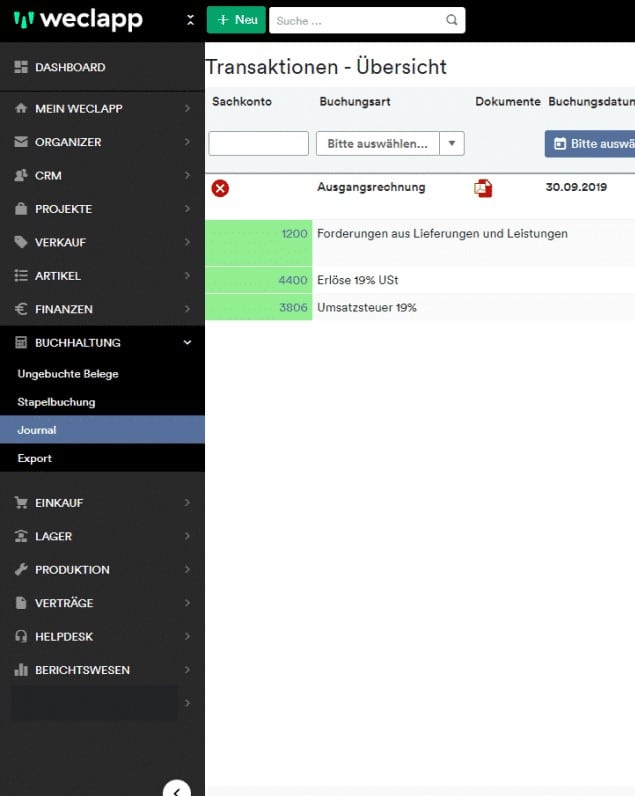 Buchhaltung Anwedungsbereich in weclapp