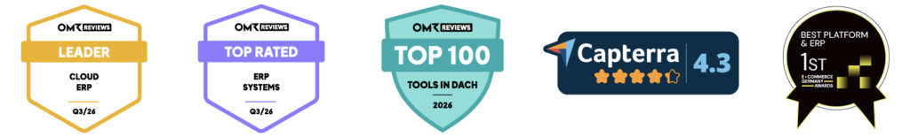 weclapp Zertifikate & Badges für das 3. Quartal 2026 inklusive OMR Cloud ERP Leaderbadge, OMR Top Rated Badge, OMR Top 100 Tools in DACH, Capterra 4.3 Zertifikat und Best Platform & ERP Badge by EGA