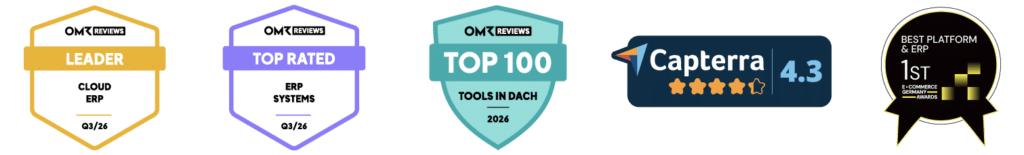 weclapp Zertifikate & Badges für das 3. Quartal 2026 inklusive OMR Cloud ERP Leaderbadge, OMR Top Rated Badge, OMR Top 100 Tools in DACH, Capterra 4.3 Zertifikat und Best Platform & ERP Badge by EGA