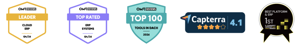 weclapp Zertifikate & Badges für das 4. Quartal 2026 inklusive OMR Cloud ERP Leaderbadge, OMR Top Rated Badge, OMR Top 100 Tools in DACH, Capterra 4.1 Zertifikat und Best Platform & ERP Badge by EGA