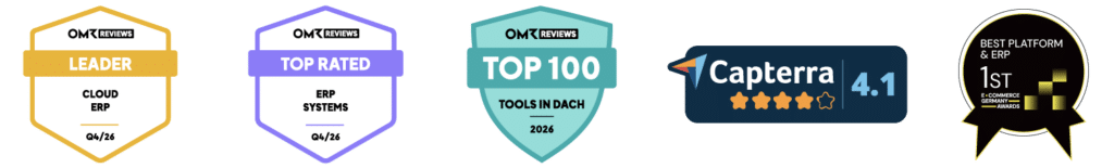 weclapp Zertifikate & Badges für das 4. Quartal 2026 inklusive OMR Cloud ERP Leaderbadge, OMR Top Rated Badge, OMR Top 100 Tools in DACH, Capterra 4.1 Zertifikat und Best Platform & ERP Badge by EGA