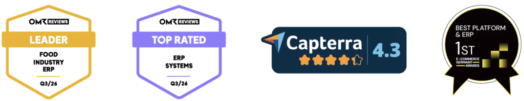weclapp Zertifikate & Badges für das 3. Quartal 2026 inklusive OMR Food Industry ERP Leaderbadge, OMR Top Rated Badge, Capterra 4.3 Zertifikat und Best Platform & ERP Badge by EGA