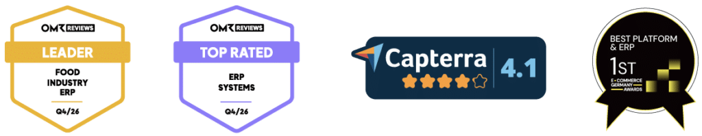 weclapp Zertifikate & Badges für das 4. Quartal 2026 inklusive OMR Food Industry ERP Leaderbadge, OMR Top Rated Badge, Capterra 4.1 Zertifikat und Best Platform & ERP Badge by EGA