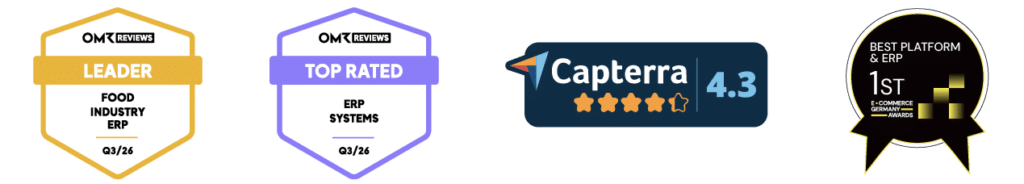weclapp Zertifikate & Badges für das 3. Quartal 2026 inklusive OMR Food Industry ERP Leaderbadge, OMR Top Rated Badge, Capterra 4.3 Zertifikat und Best Platform & ERP Badge by EGA