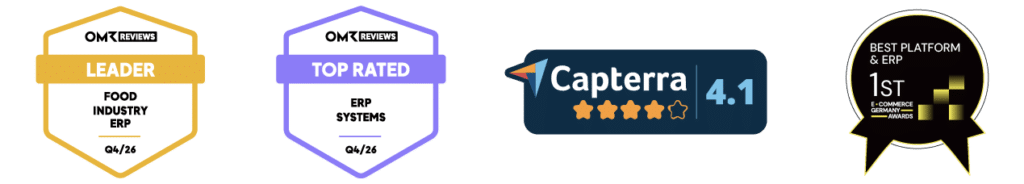 weclapp Zertifikate & Badges für das 4. Quartal 2026 inklusive OMR Food Industry ERP Leaderbadge, OMR Top Rated Badge, Capterra 4.1 Zertifikat und Best Platform & ERP Badge by EGA