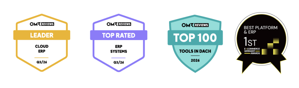 weclapp Zertifikate & Badges für das 3. Quartal 2026 inklusive OMR Cloud ERP Leaderbadge, OMR Top Rated Badge, OMR Top 100 Tools in DACH und Best Platform & ERP Badge by EGA