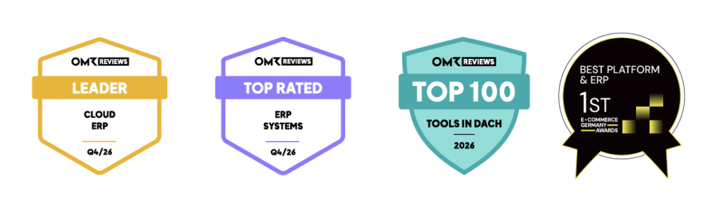 weclapp Zertifikate & Badges für das 4. Quartal 2026 inklusive OMR Cloud ERP Leaderbadge, OMR Top Rated Badge, OMR Top 100 Tools in DACH und Best Platform & ERP Badge by EGA