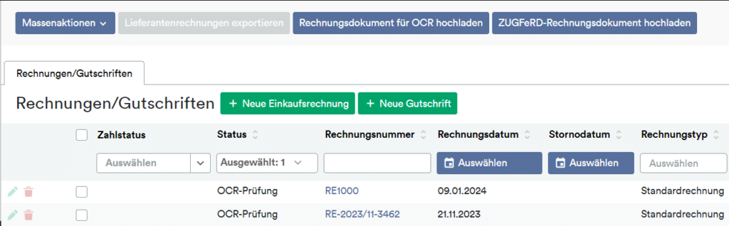 Screenshot weclapp Software mit dem Reiter Rechnungen/Gutschriften