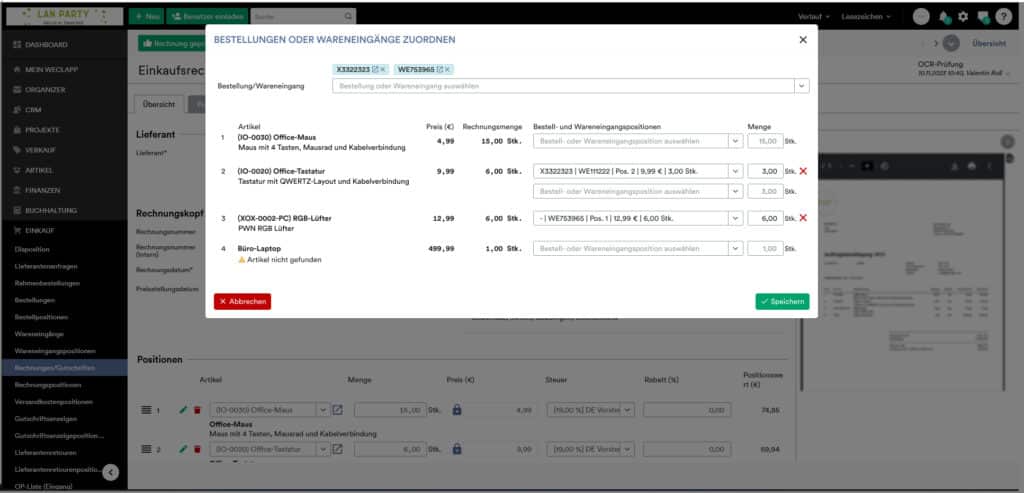 Screenshot weclapp Software mit dem Reiter Bestellungen und Wareneingänge